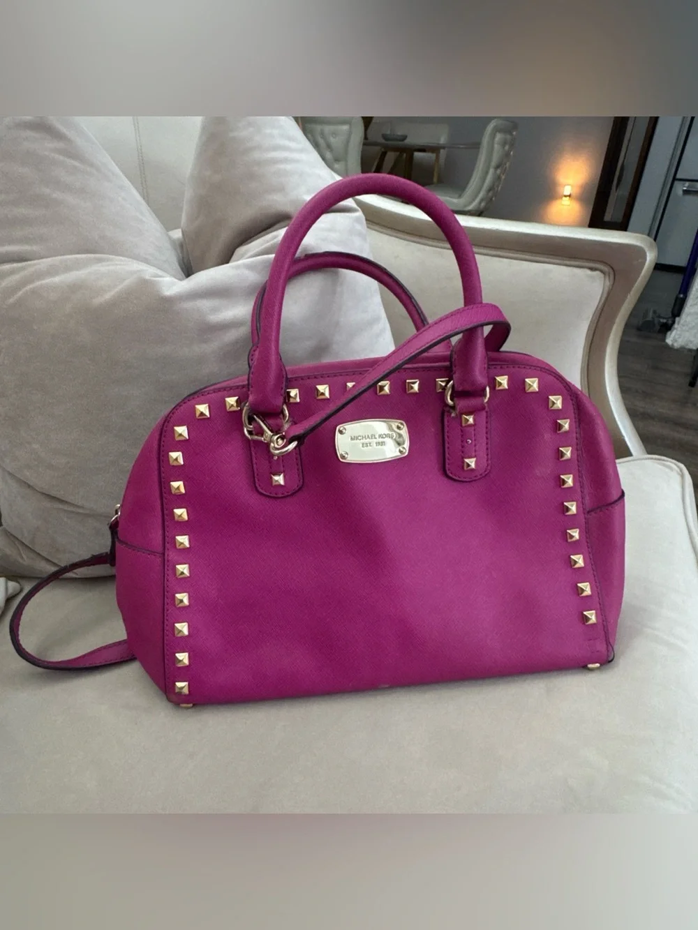 Michael Kors Selma Studded Hot Pink Leather Medium Satchel Crossbody Bag